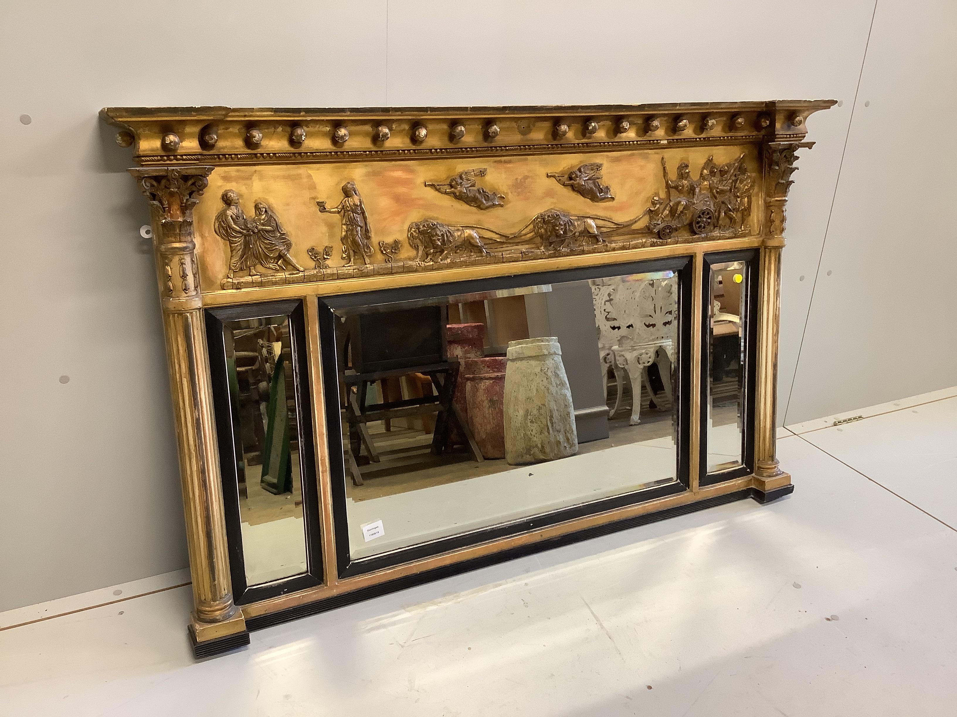 A Regency giltwood and composition triple plate overmantel mirror, width 149cm, height 92cm